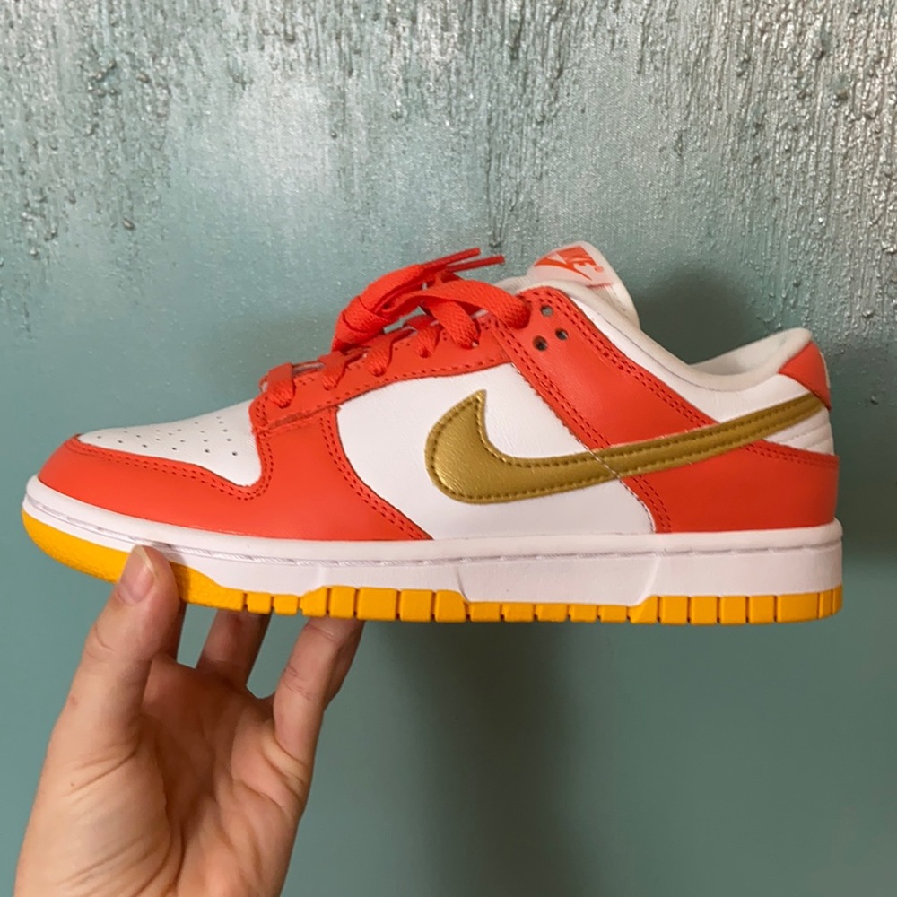 Women Nike Dunk Low, Orange/ Metallic Gold - White